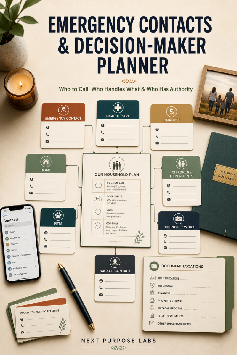 Emergency Contacts & Decision-Maker Planner — Who to Call, Who Handles What & Who Has Authority